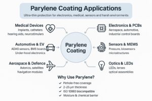 Infographic showing key Parylene coating applications including medical devices, electronics, sensors, automotive, aerospace and optics.