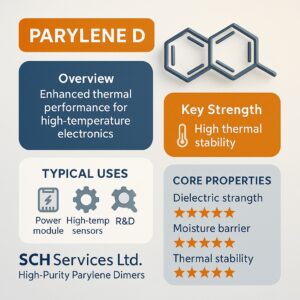 3D infographic for Parylene D dimer by SCH Services Ltd, showing overview, key strengths, typical uses, and core properties with burnt-orange accents, emphasising enhanced thermal stability for power modules, sensors, and R&D applications.