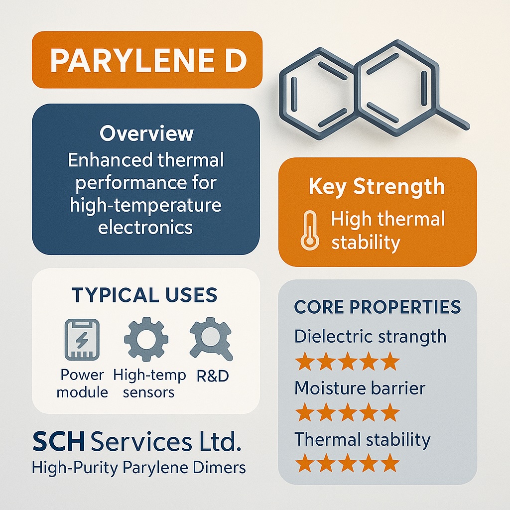 3D infographic for Parylene D dimer by SCH Services Ltd, showing overview, key strengths, typical uses, and core properties with burnt-orange accents, emphasising enhanced thermal stability for power modules, sensors, and R&D applications.