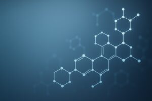 Abstract molecular lattice design in blue gradient tones showing interconnected hexagonal structures symbolising Parylene dimer chemistry, purity, and precision.