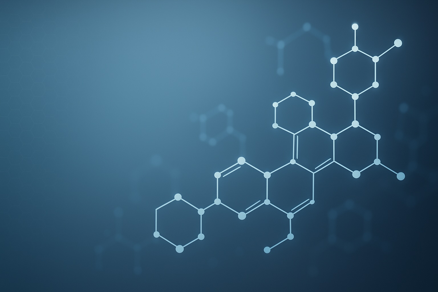 Abstract molecular lattice design in blue gradient tones showing interconnected hexagonal structures symbolising Parylene dimer chemistry, purity, and precision. 