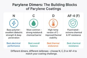 Infographic comparing Parylene dimers N, C, D, and AF-4 showing key performance differences in dielectric, barrier, thermal, and chemical resistance.