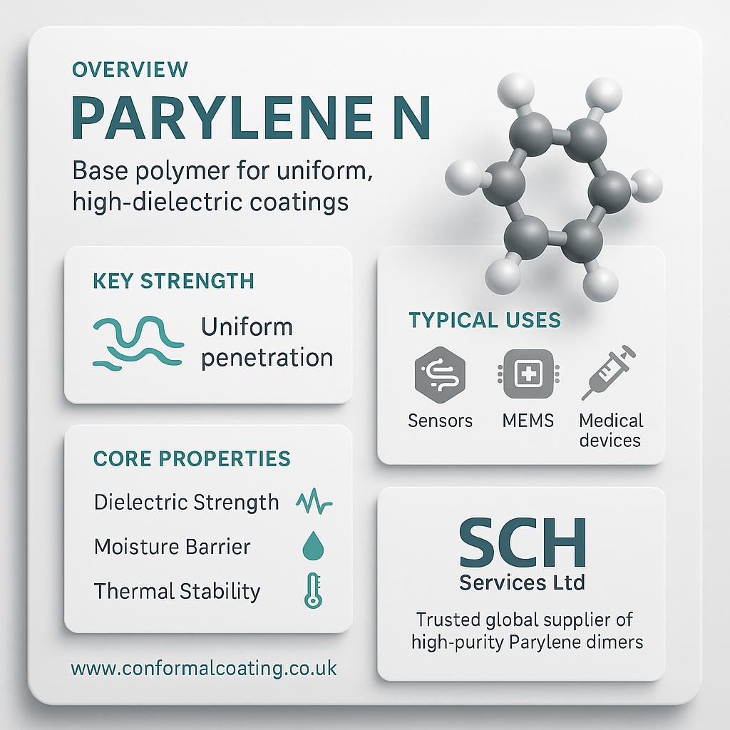 3D infographic for Parylene N dimer by SCH Services Ltd, showing overview, key strength, typical uses, and core properties with teal accents.