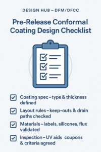 Infographic showing a pre-release conformal coating design checklist with four steps: coating spec, layout rules, materials validation, and inspection criteria.