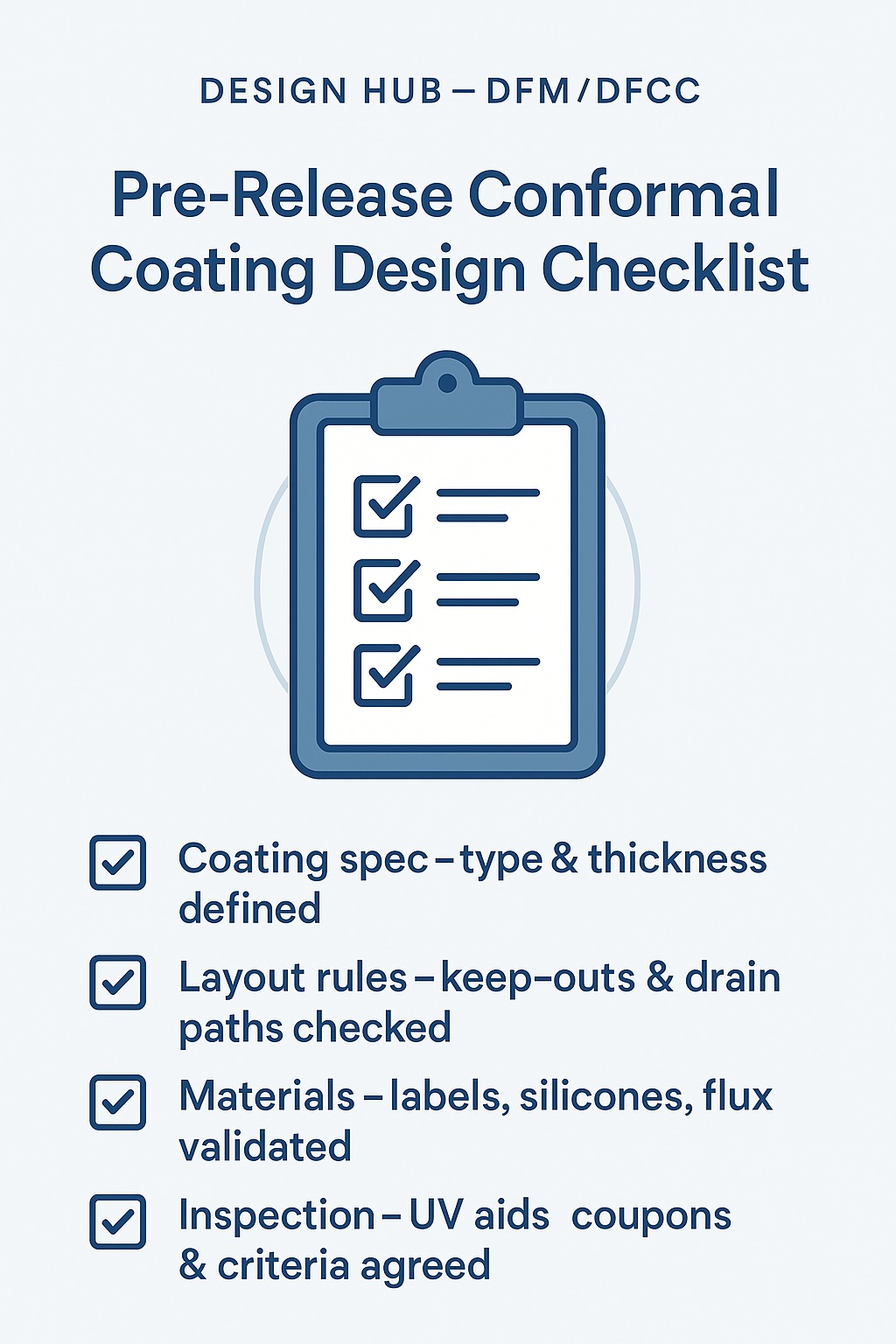 Infographic showing a pre-release conformal coating design checklist with four steps: coating spec, layout rules, materials validation, and inspection criteria.