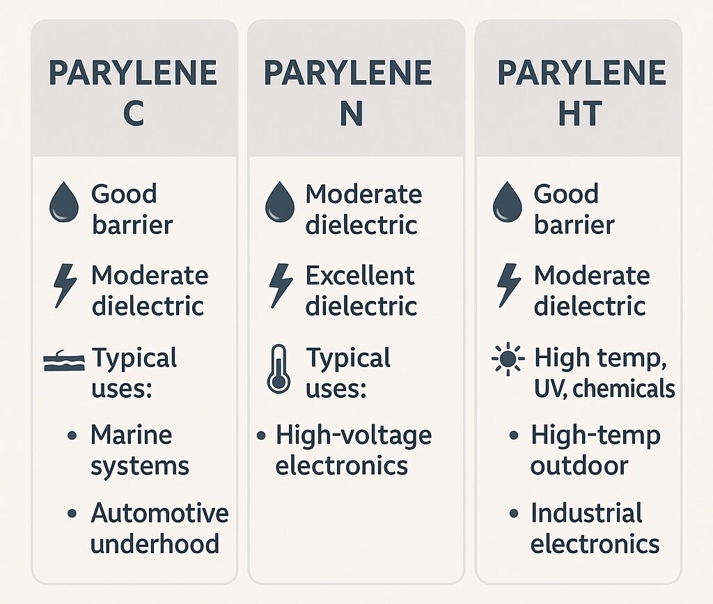 Infographic comparing Parylene C, Parylene N and Parylene HT for harsh environments, showing differences in barrier performance, dielectric properties and high-temperature or chemical resistance.