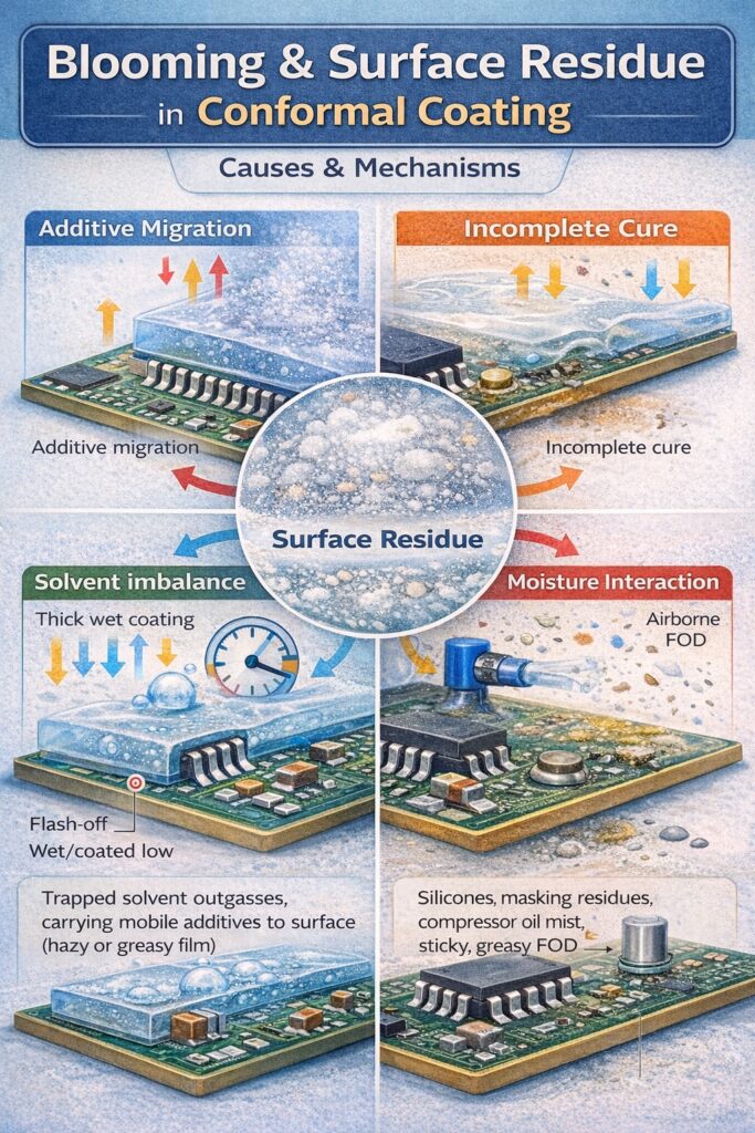 Blooming and surface residue on conformal coating caused by additive migration, solvent imbalance and incomplete cure