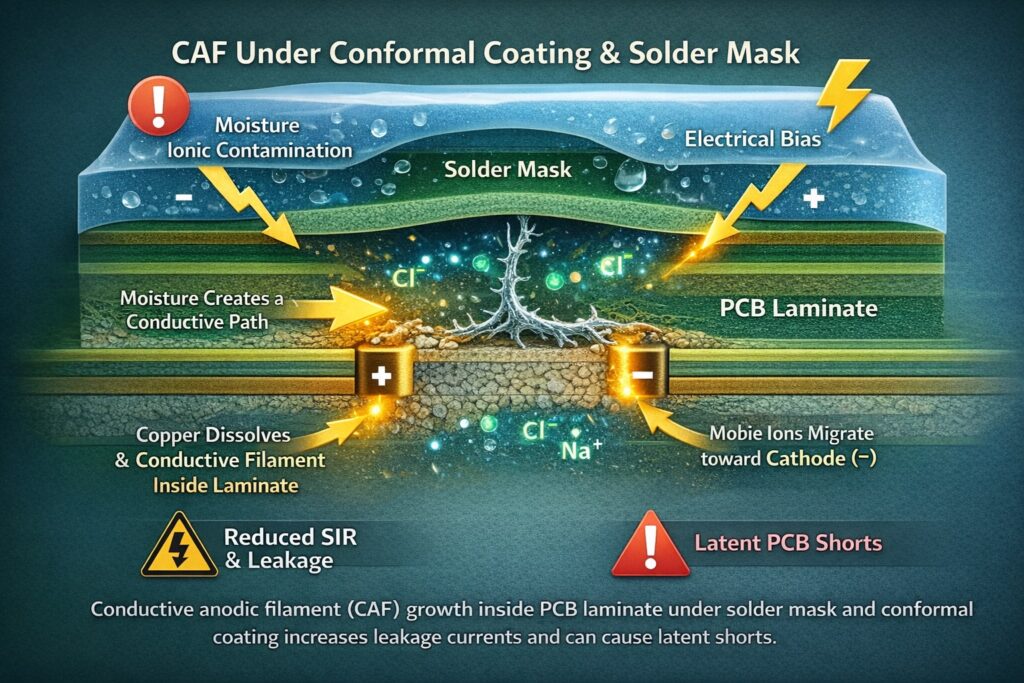 Conductive anodic filament (CAF) growth inside PCB laminate under solder mask and conformal coating driven by moisture, ionic contamination and electrical bias, causing insulation resistance loss and latent shorts
