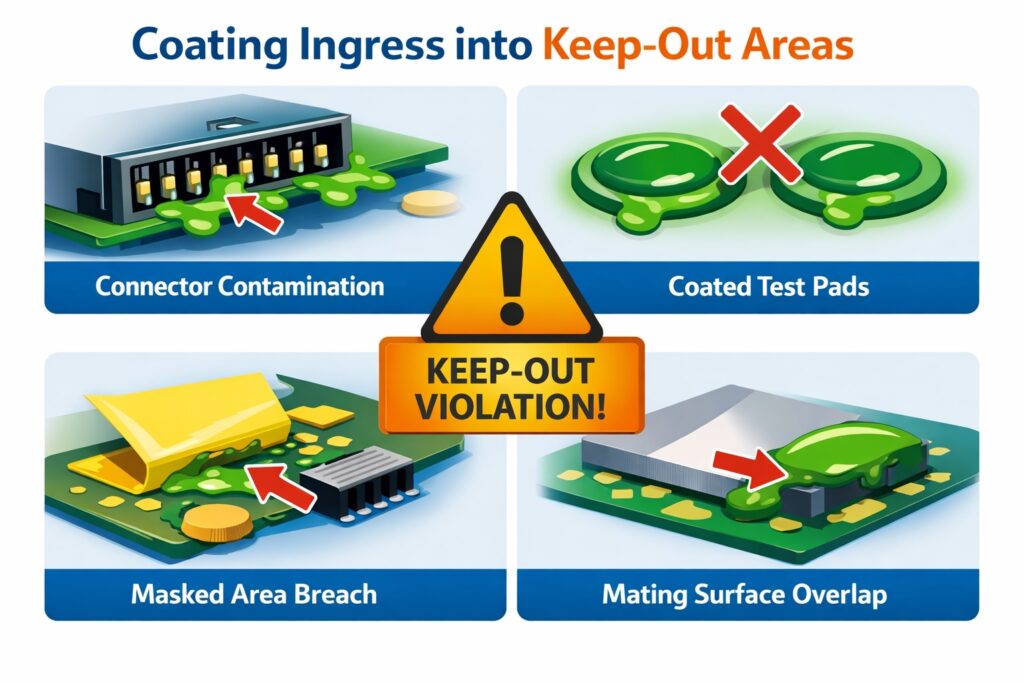 Infographic showing conformal coating ingress into keep-out areas on a PCB, including connectors, test pads, masked zones and mating surfaces