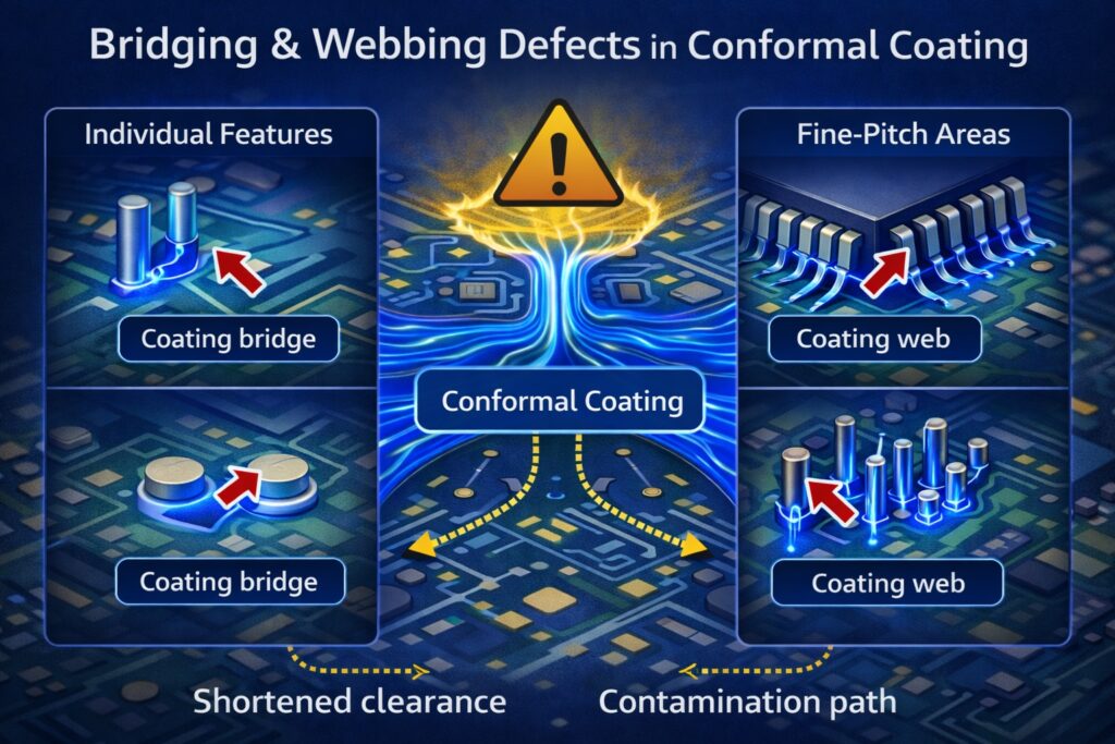 Infographic illustrating conformal coating bridging and webbing where a continuous coating film spans between adjacent pins and pads in fine pitch PCB areas