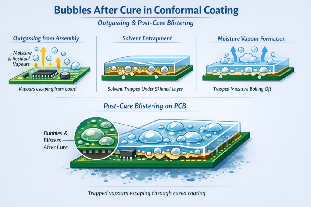Infographic showing bubbles and blistering that form in conformal coating after cure due to outgassing, solvent entrapment, and moisture vapour release on a PCB
