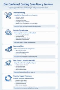 Conformal coating consultancy services covering troubleshooting, process optimisation, benchmarking, NPI support and ongoing technical support