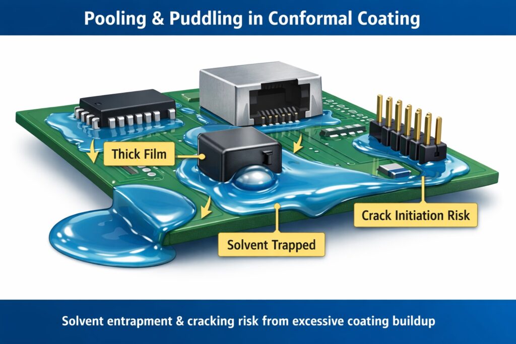 Infographic showing conformal coating pooling and puddling where excessive coating accumulates at low points and around component features, forming thick films