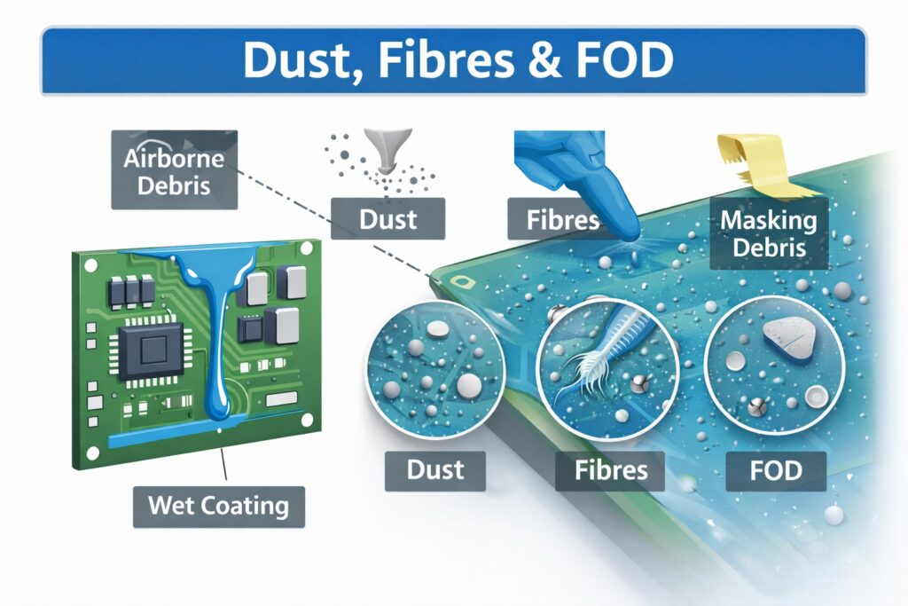 Infographic showing dust, fibres and FOD embedded in wet conformal coating on a PCB and typical contamination sources