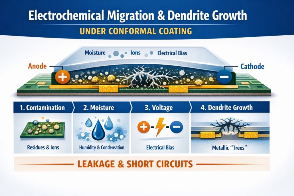 Electrochemical migration and dendrite growth under conformal coating showing ionic contamination, moisture, electrical bias and metallic dendrite formation between PCB conductors