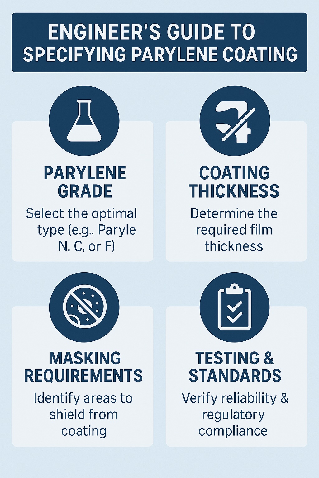 Infographic showing four key factors engineers must specify for Parylene coating: selecting the correct Parylene grade, defining coating thickness, identifying masking requirements, and confirming testing and standards compliance.