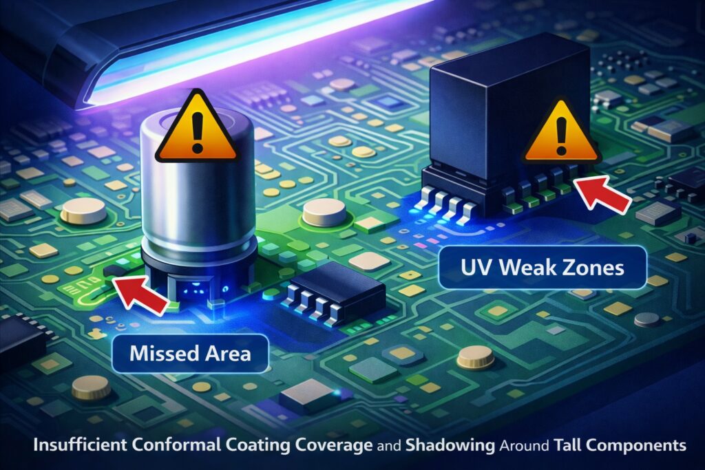 Infographic showing insufficient conformal coating coverage caused by shadowing around tall PCB components, with UV weak zones and missed areas beneath component bodies