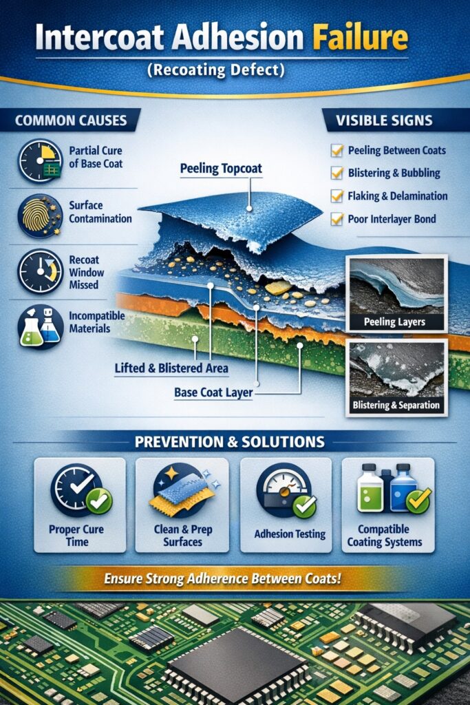 Intercoat adhesion failure in conformal coating showing peeling between coats caused by missed recoat window, contamination, and incomplete cure