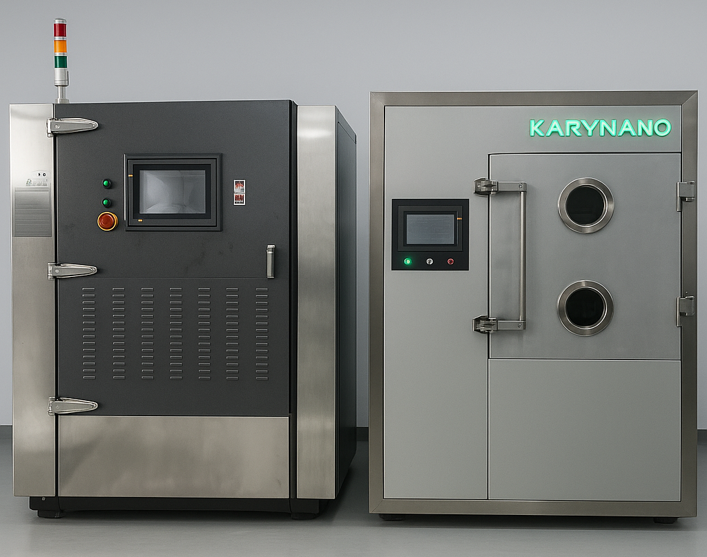 Large industrial Parylene coating equipment featuring KR1200HS and KR1500HSU systems for high-volume medical, aerospace and electronics manufacturing