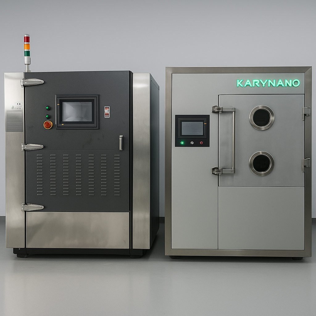 Large industrial Parylene coating equipment featuring KR1200HS and KR1500HSU systems for high-volume medical, aerospace and electronics manufacturing