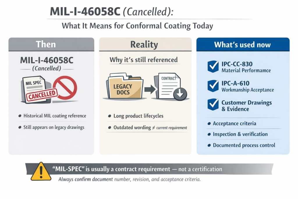 Infographic explaining that MIL-I-46058C is cancelled and showing how modern conformal coating requirements rely on IPC-CC-830, IPC-A-610, and contractual flow-down standards.