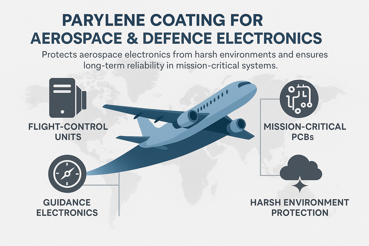 Infographic showing key applications of Parylene coating in aerospace and defence electronics, including avionics, sensors and mission-critical systems.