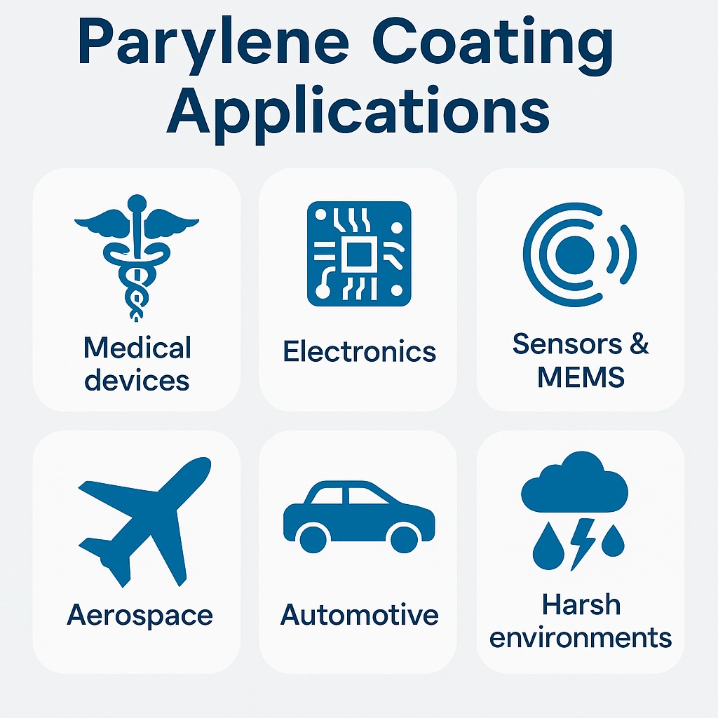 Infographic illustrating the main Parylene coating applications in medical, electronics, aerospace, automotive, sensors, MEMS and harsh-environment sectors.