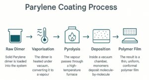 Linear infographic showing the 5-step Parylene coating process: raw dimer, vaporisation, pyrolysis, deposition, and final polymer film, created by SCH Services Ltd.