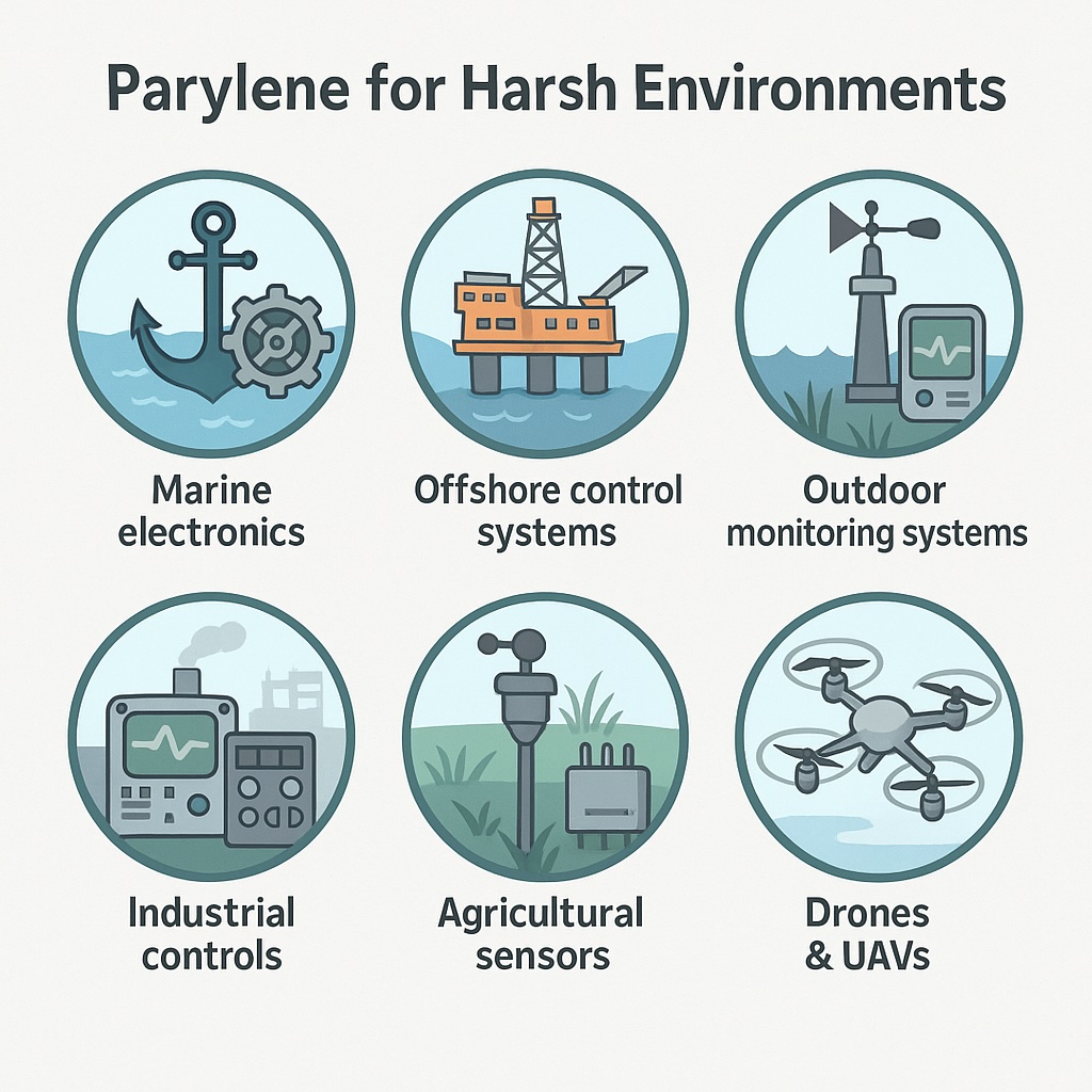 Infographic showing Parylene coating applications in harsh environments such as marine, offshore, outdoor, industrial, automotive underbody and agricultural systems.