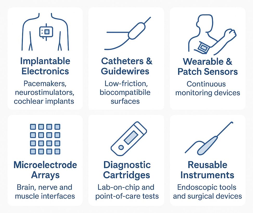 Infographic showing typical applications of Parylene coating for medical devices, including implantable electronics, catheters and guidewires, wearable sensors, microelectrode arrays, diagnostic cartridges and reusable instruments.