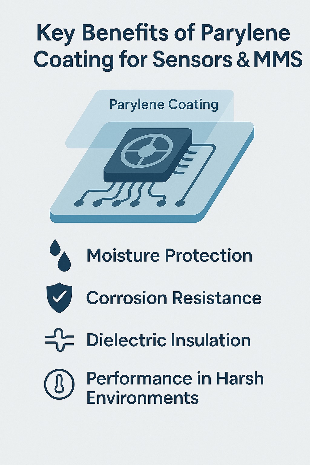 Infographic illustrating the key benefits of Parylene coating for sensors, MEMS and high-density electronics, including moisture protection, dielectric insulation, corrosion resistance and ultra-thin conformal coverage.