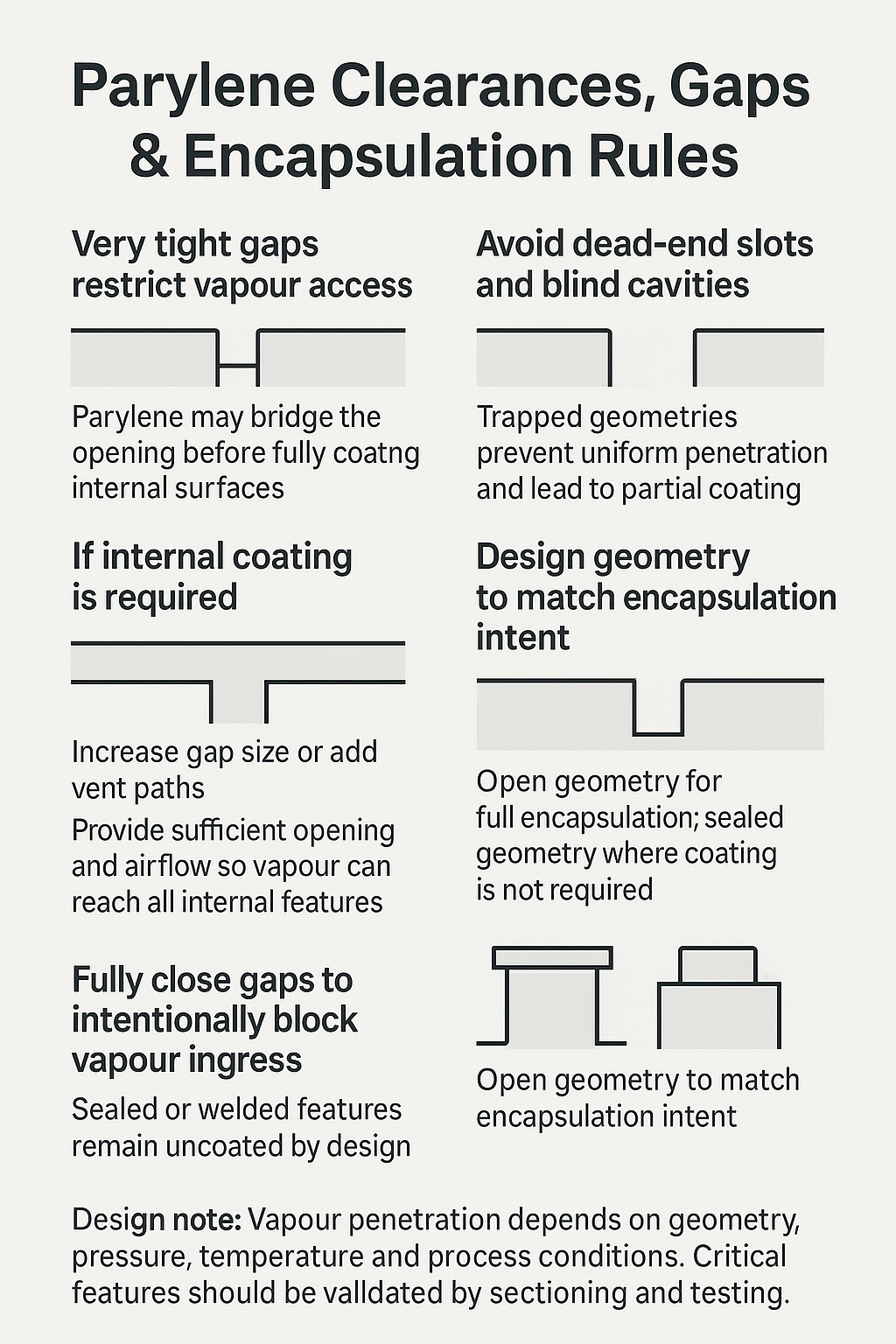 Infographic showing parylene clearances and gaps design rules, including vapour access limits, vented geometry, dead-end cavities, intentional sealing and encapsulation intent.