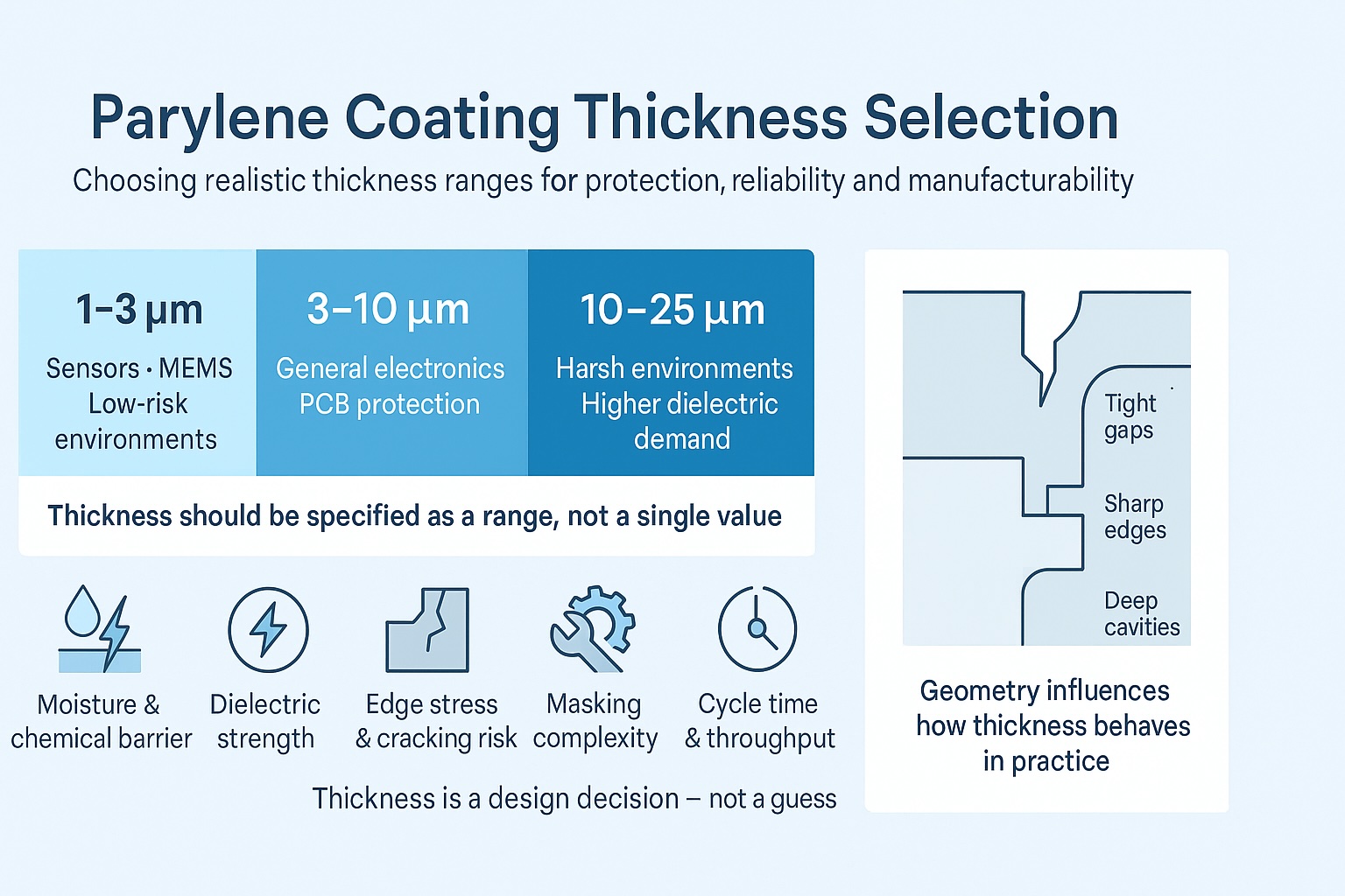 Infographic explaining parylene coating thickness selection, showing typical thickness ranges, performance trade-offs, and the influence of geometry and manufacturability.