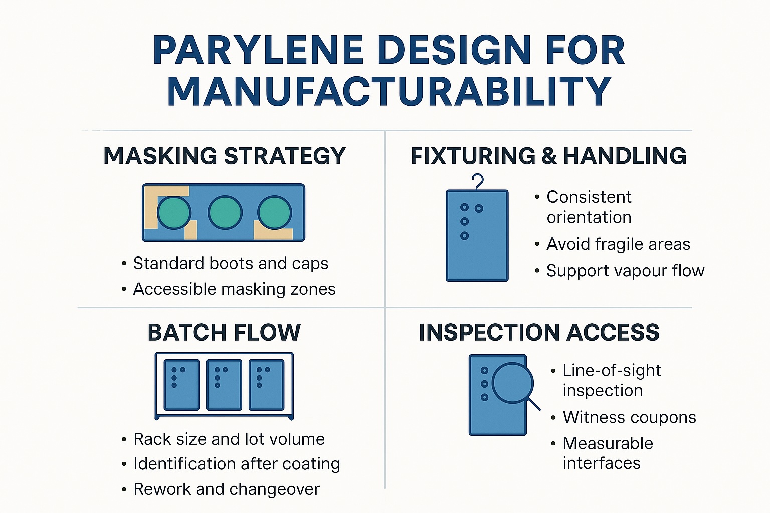 Infographic showing parylene design for manufacturability principles, including masking standardisation, fixturing and handling, batch flow, inspection access and scale-up considerations.