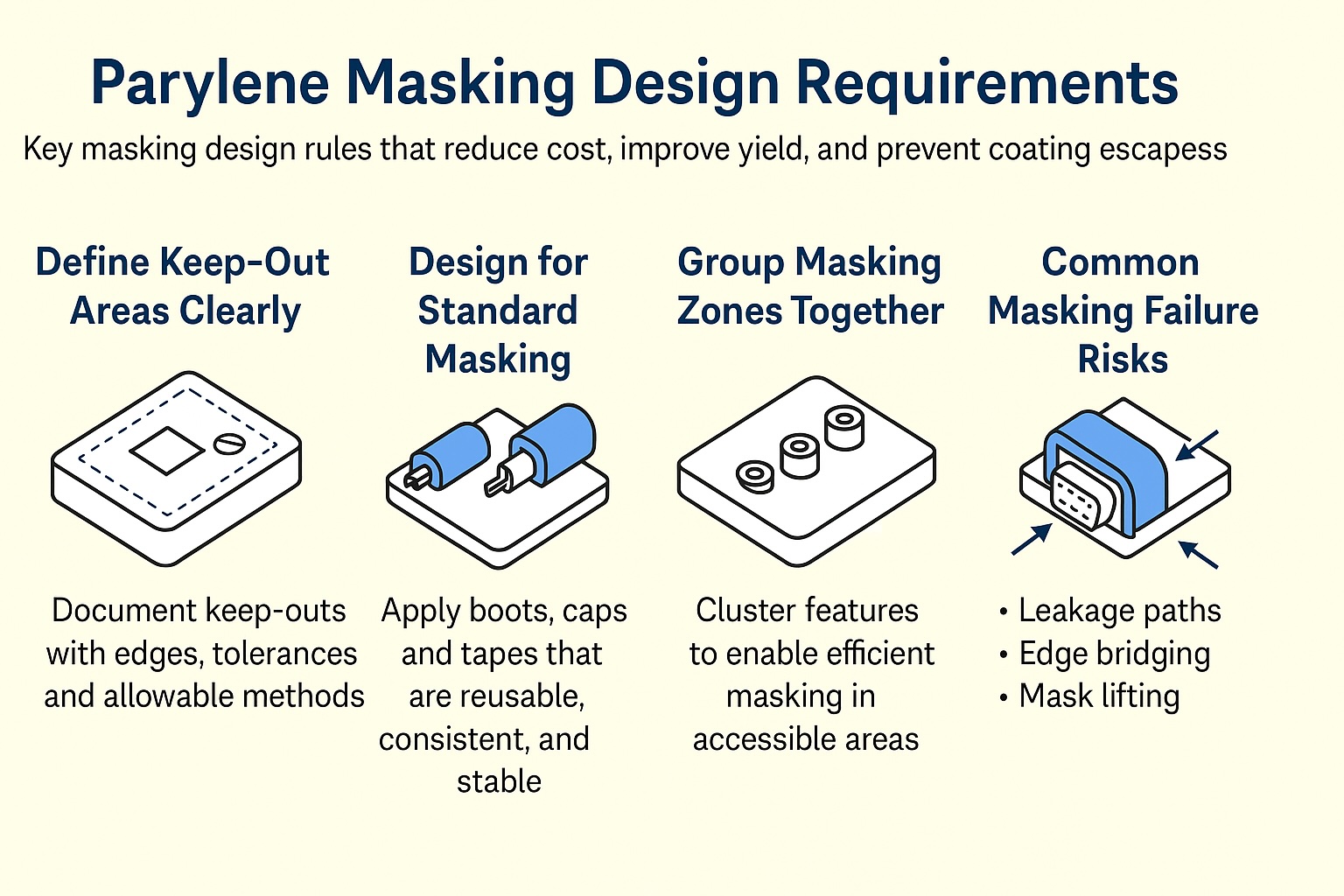 Infographic showing parylene masking design requirements, including keep-out definition, standard boots and caps, grouped masking zones and common masking failure risks.