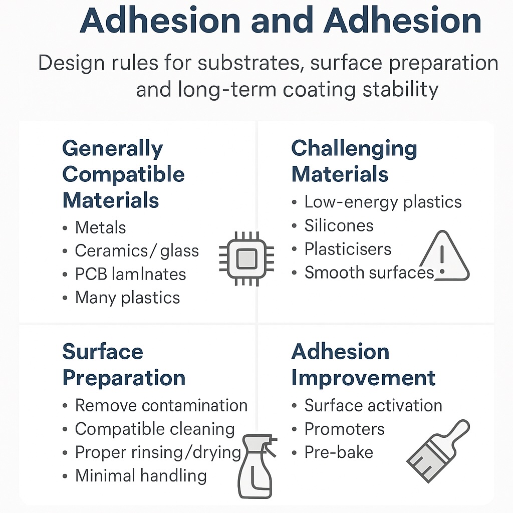 Infographic summarising parylene material compatibility, highlighting compatible substrates, conditional materials and common material-related adhesion risks.
