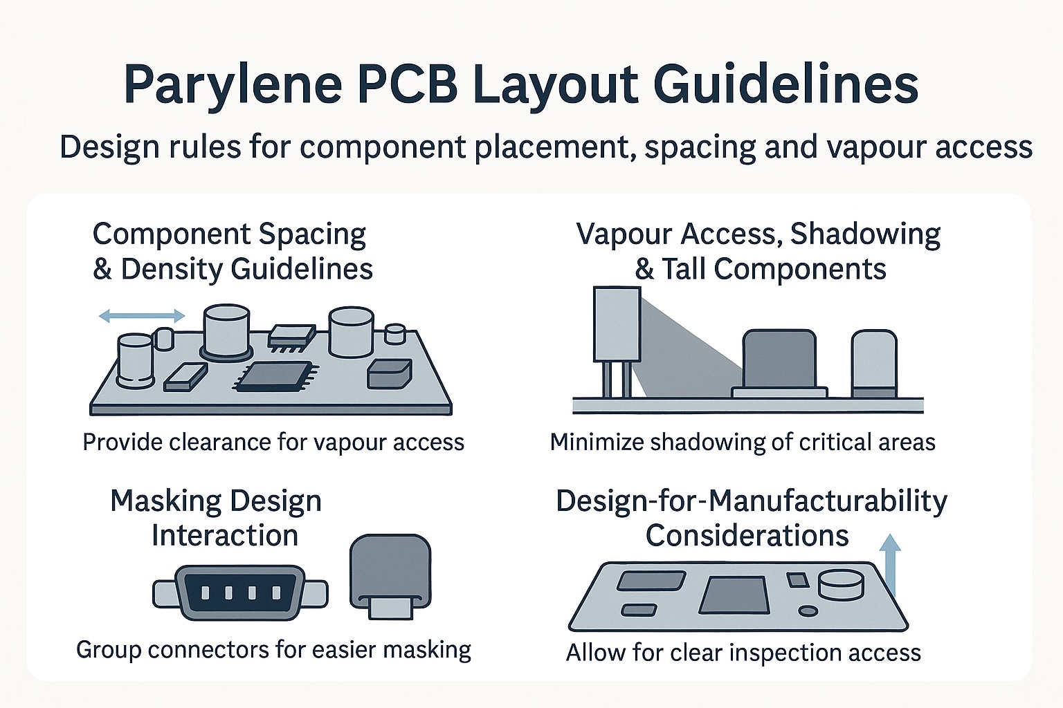 Infographic illustrating parylene PCB layout guidelines, showing component spacing, vapour access, shadowing risks, connector placement and masking-friendly design rules.