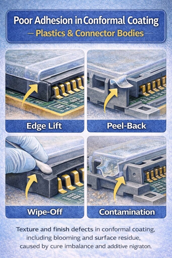 Infographic showing poor adhesion of conformal coating on plastics and connector bodies due to low surface energy, contamination and material incompatibility