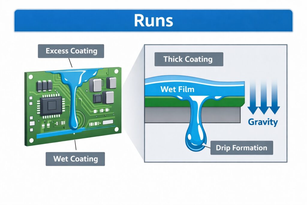 Infographic showing conformal coating runs, sags and curtains caused by over-wet film build and gravity on a PCB