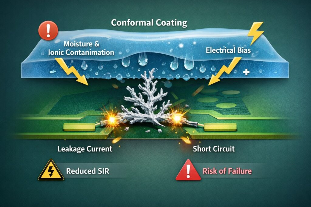 SIR failures and leakage under conformal coating showing moisture and ionic contamination forming an electrolyte path under electrical bias, leading to reduced insulation resistance and dendrite growth