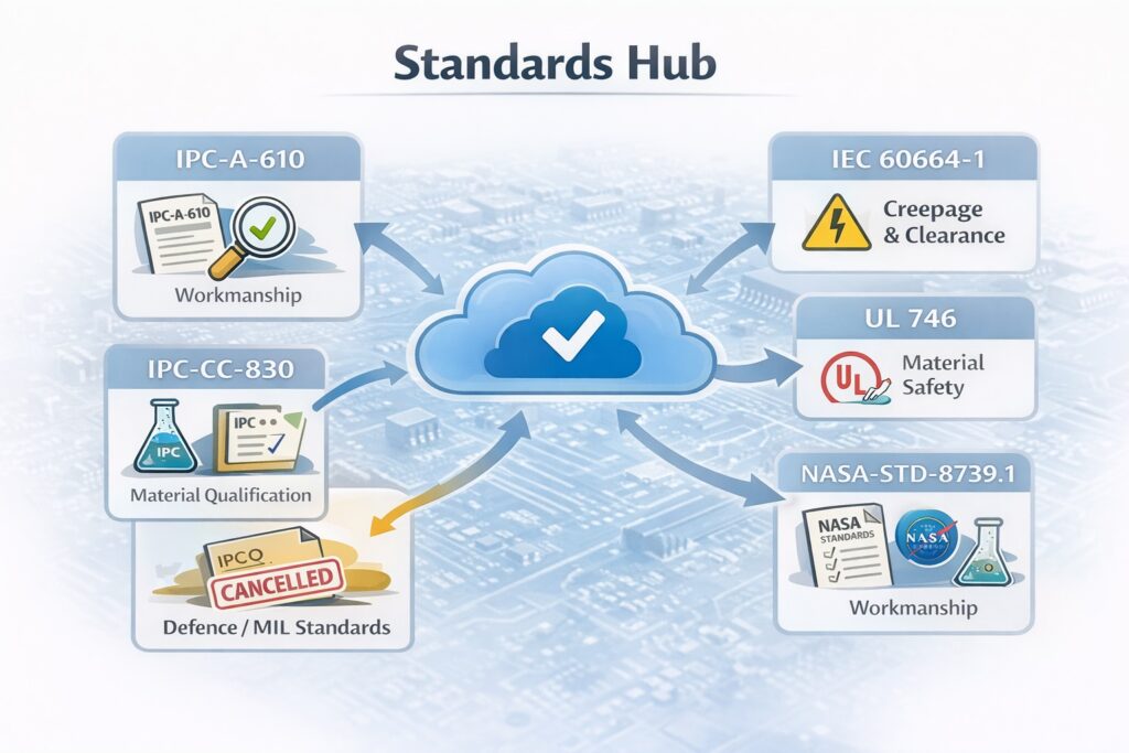 Infographic showing the conformal coating standards hub and how IPC-A-610, IPC-CC-830, MIL standards, IEC 60664-1, UL 746 and NASA-STD-8739.1 relate to inspection, material qualification, safety and design.