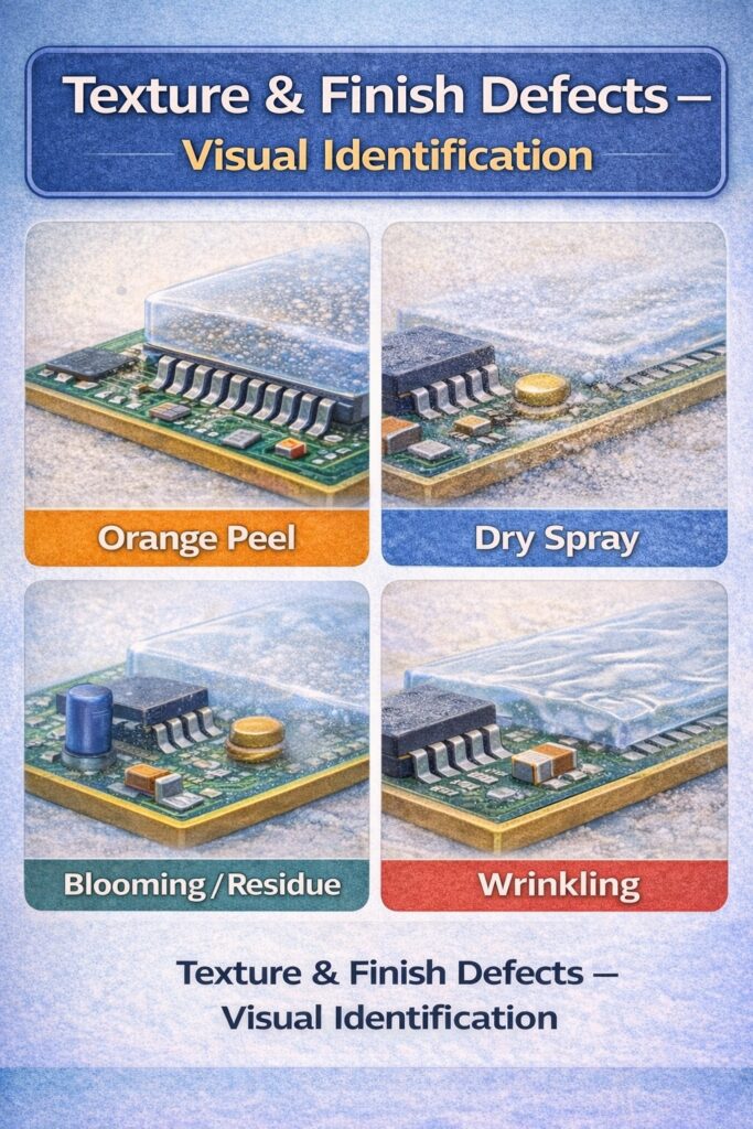 Infographic showing texture and finish defects in conformal coating including blooming, surface residue, haze and rough finish