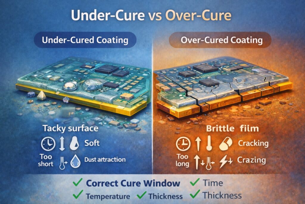 Comparison of under-cured and over-cured conformal coating showing tacky soft films versus brittle cracked coatings due to incorrect cure conditions