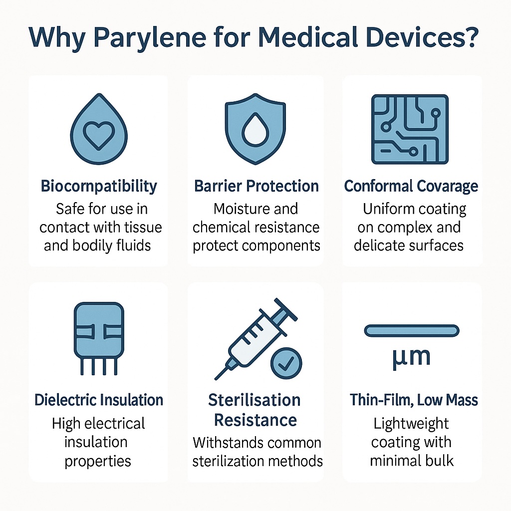 Infographic showing key benefits of Parylene coating for medical devices: biocompatibility, barrier protection, conformal coverage, dielectric insulation, sterilisation resistance and thin-film lightweight protection.