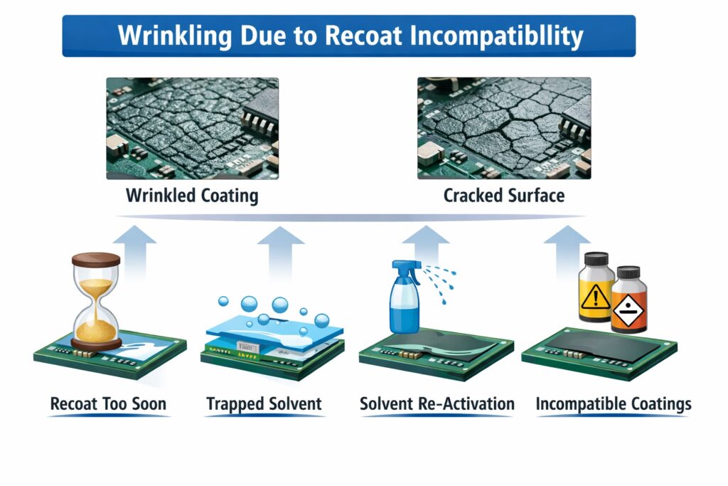 Infographic showing wrinkling in conformal coating caused by recoat incompatibility, solvent attack, and cure-state mismatch between layers