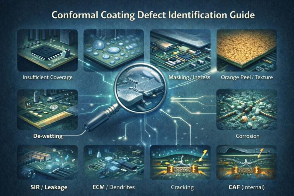 Conformal coating defect identification infographic using symptom-based routing to identify defects including insufficient coverage, pinholes and bubbles, de-wetting, orange peel, delamination, corrosion, SIR leakage, electrochemical migration, dendrite growth and CAF