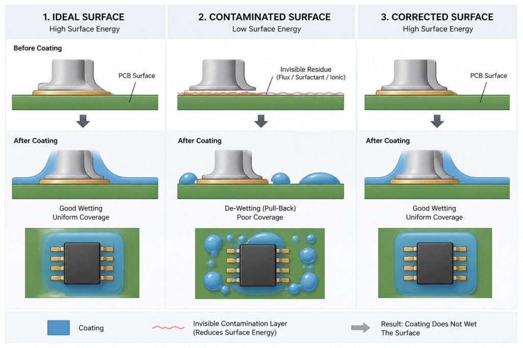 Conformal coating de-wetting caused by surface contamination and low surface energy