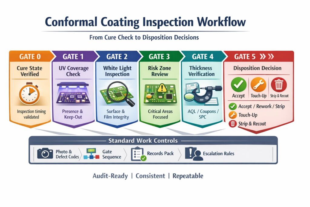 Infographic showing a conformal coating inspection workflow including cure gating, UV inspection, white light checks, risk zones, and disposition rules.
