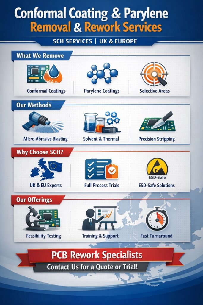 Infographic showing PCB conformal coating and Parylene removal and rework services, including micro-abrasive blasting, process trials, training and ESD-safe methods in the UK and Europe.