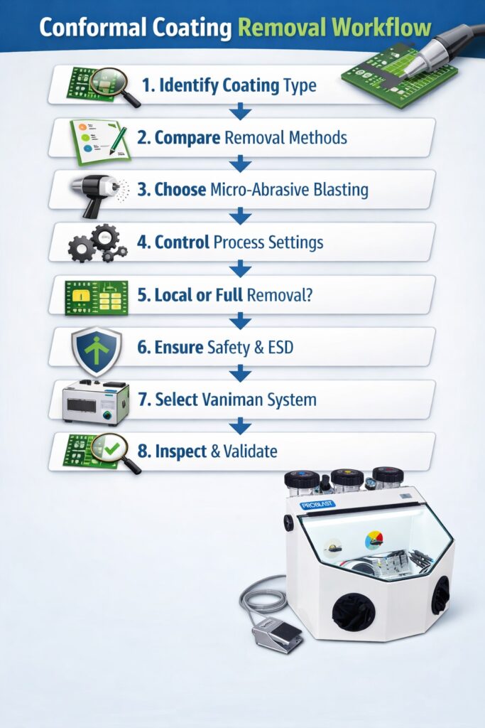 Step-by-step conformal coating removal workflow showing coating identification, removal method selection, micro-abrasive blasting process control, safety, validation and Vaniman system selection.